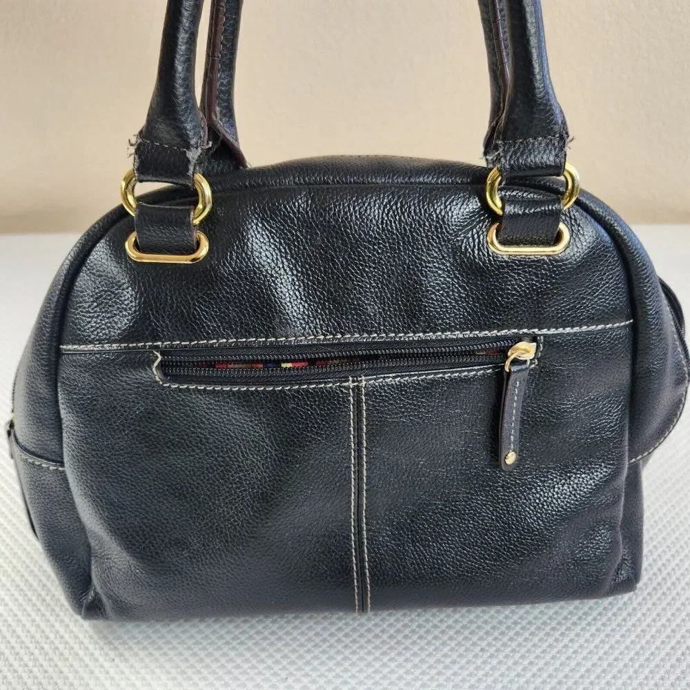 Tignanello Black Leather Striped Lining Satchel Tote Handbag Purse Top Handle